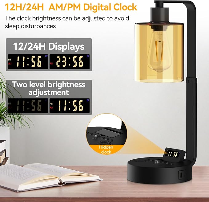 Aialun Industrial Table Lamp,Dimmable Bedside Lamps Nightstand for Bedroom USB A/C Charging Ports,Alarm Clock Bluetooth Speaker Lamp,Adjustable Height 2700K Warm Light Desk Touch Lamp for Living Room