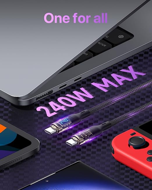 240W USB C to USB C Transparent Cable with LED Display Compatible with 140W 100W Fast Charging for MacBook Pro,lPhone 16/15/15Pro/15ProMax,Galaxy S23+/S23Ultra/S22,10ft,Black
