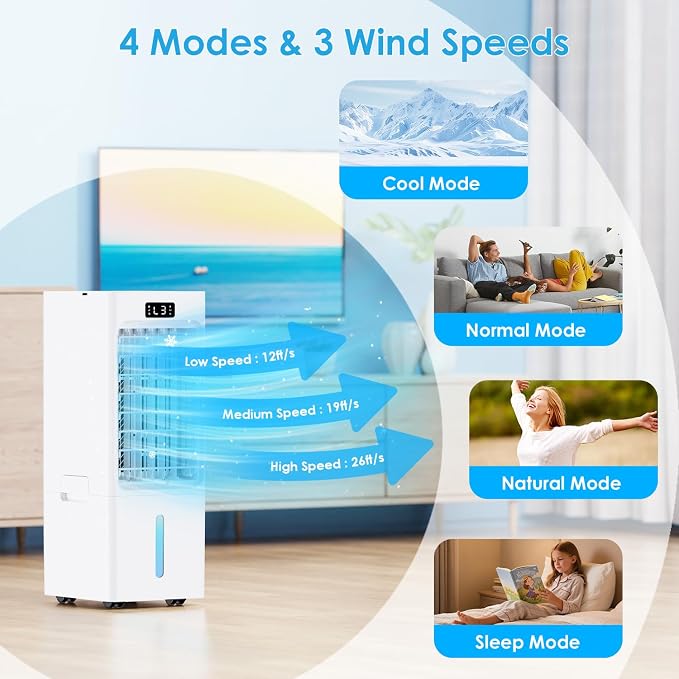 Swamp Cooler, 6L Windowless Portable Air Conditioners, 3-IN-1 Evaporative Air Cooler with Remote, 4 Modes & 3 Speeds, 4 Ice Packs, Auto Oscillating, 12H Timer, Quiet Cooling Fan