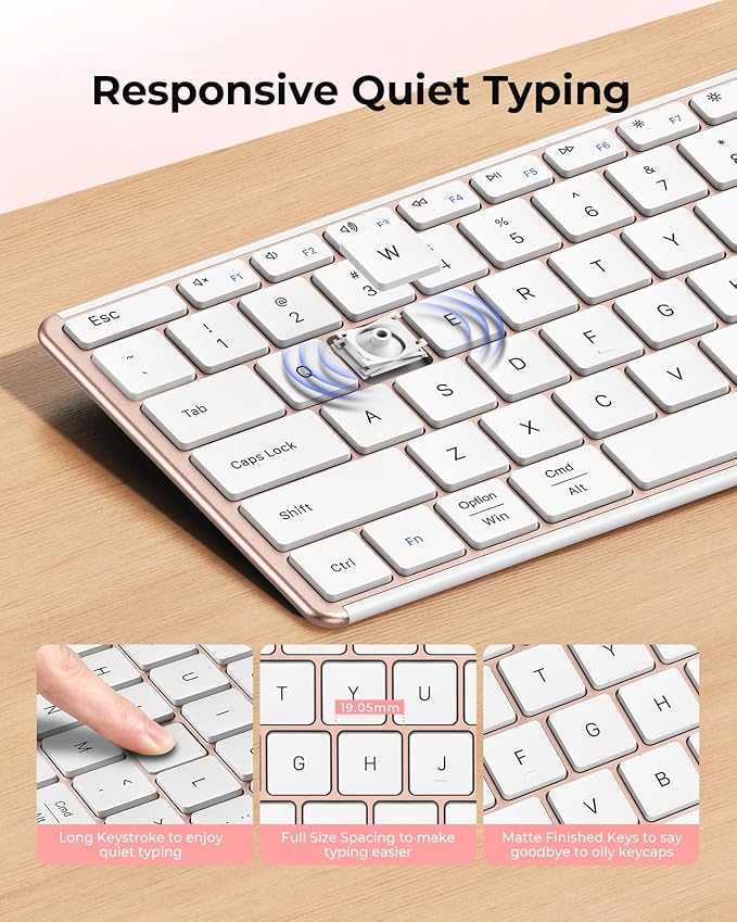 seenda Wireless Bluetooth Keyboard and Mouse Combo, SKM64-3 Rechargeable Slim Quiet Keyboard Mouse, 3 Multi-Device Connection, Compatible for Windows 11/10 PC Laptop Mac MacBook iPad, White Rose Gold