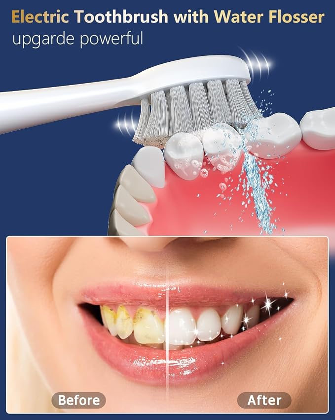 Electric Toothbrush with Water Flosser Combo, Professional Flossing Toothbrush with 3 Sonic Brush Modes & 5 Water Pressures, Cordless Water Flosser for Adults Teeth Cleaning Plaque Removal, White