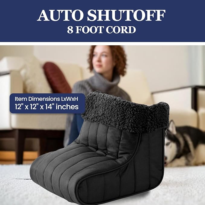 Thermee Micro Flannel Heated Foot Warmer, Sherpa Fleece, 2-Hour Safety Shut-Off, Electric Foot Heater for Women & Men, Foot Warmers for Feet, Heated Slippers, Under Desk Foot Warmer - Coal Grey