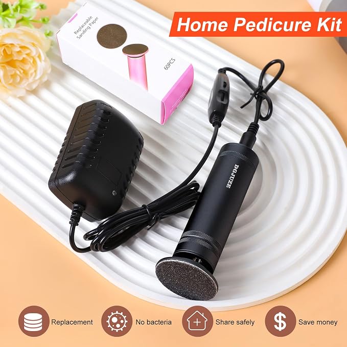 PowerPro Electric Foot Callus Remover Black with 60pcs Replacement Sandpaper Discs 60Grit Rough for feet Care Kit
