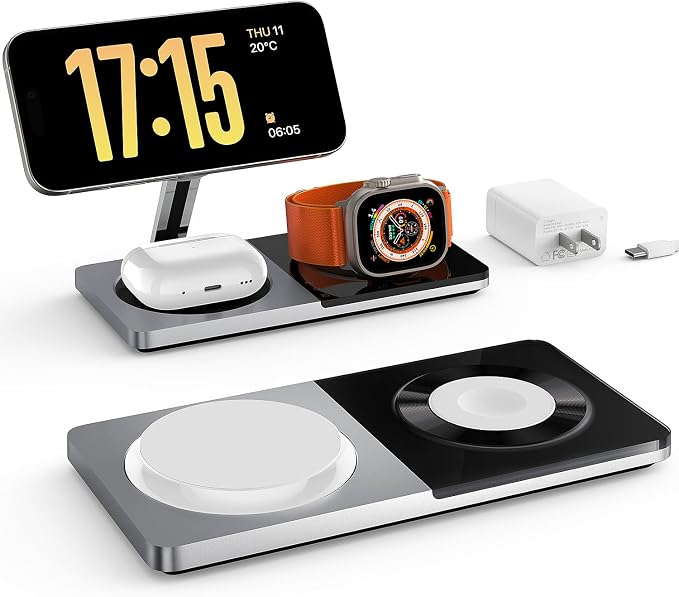 PETINO 3 in 1 Wireless Charging Station for Apple Devices with MagSafe | For iPhone 17/Air/16/15/14/13/12, AirPods & Apple Watch, Foldable Portable Aluminum Charging Stand, Adapter Included