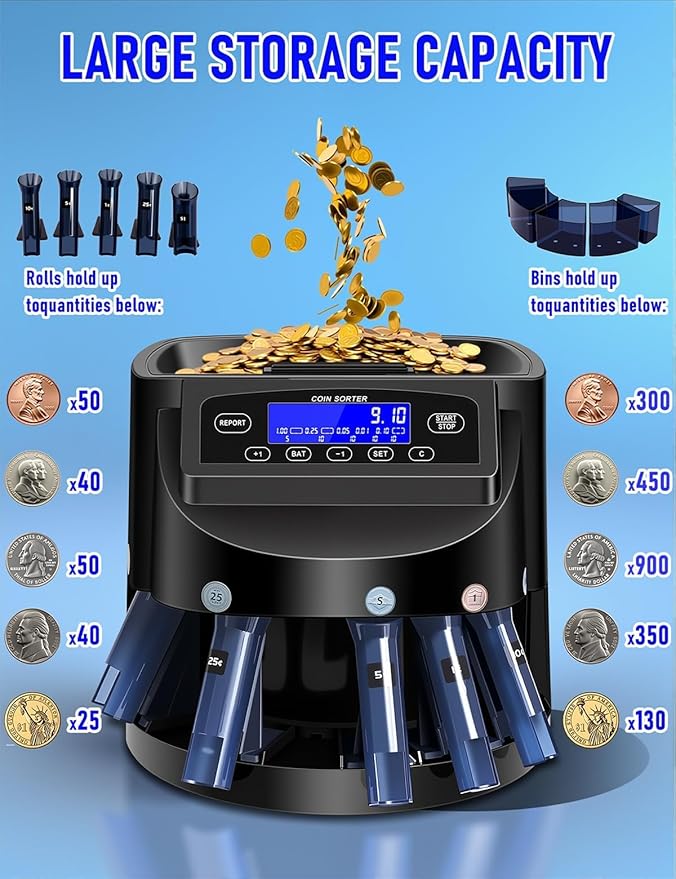 Coin Counter and Dollar Coin sorter with LCD Display, 300-coin Capacity, Supports Multiple Coin Types, Equipped with Sorting and Packaging Machine for Fast and Accurate Sorting (Coin Counter)