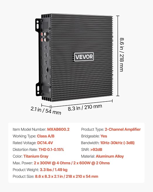 VEVOR 2 Channel Car Audio Amplifier 2 Ohm Stable Bridgeable Class A/B Full Range Stereo Amp Max Power 2 x 300W @ 4 Ohm / 2 x 600W @ 2 Ohm for Car SUV Truck Off-Road