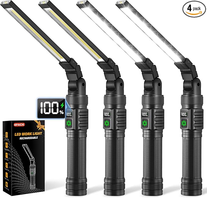 4Pack Magnetic Rechargeable LED Work Light/Flashlight for Mechanics | All Aluminum, 1500 High Lumens, Digital Display, 7 Modes, 360° Rotation, for Car Repairing, Emergency, Gifts for Father