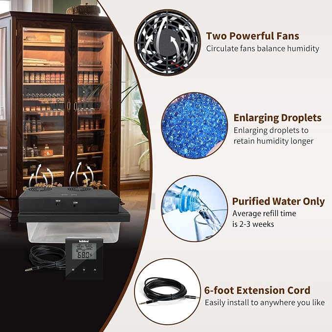Briidea Electric Humidifier for 10–16 Cu. Ft. Cabinets, Adjustable 30%–80% RH, Accurate Temperature & Humidity Control, 12V Power Supply
