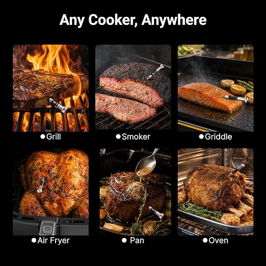 ThermoMaven 3000FT Smart Wireless Meat Thermometer – Sub-1G Long Range, 6 Sensors NIST Certified Accuracy, 2 Thin Probes, Standalone Base with Large LCD for Grill, Smoker, Oven, BBQ, Black