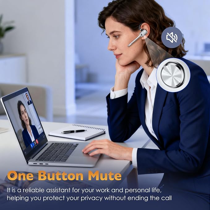 Bluetooth Headset, Wireless Headset with Dual-Mics & Noise Cancelling, Bluetooth Earpiece with Mute for Office Business Work Trucker, V5.3 Hands-Free Headset with QCC Chip for Phone PC iOS Android