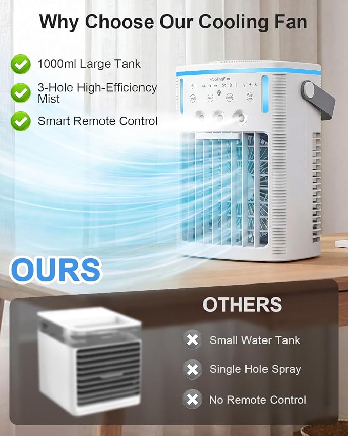 Portable Air Conditioners, Ultra-Quiet Mini AC Fan with 2-4-8H Timer, Remote Control, 3 Speed & Cool Mist, 3 Ultrasonic Nozzles, 7 Color Light, 1000ml Personal Evaporative Air Cooler for Office, Room