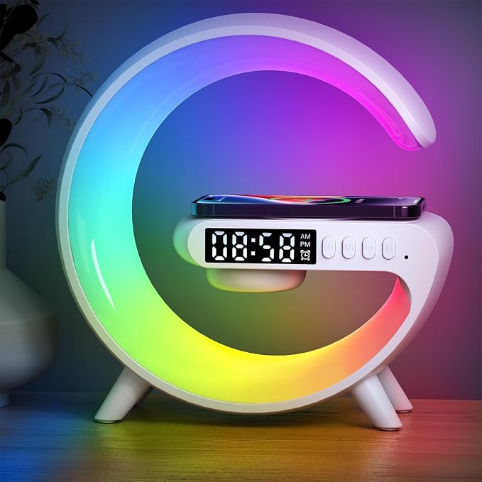 LeeNabao 2025 New Wireless Speaker Charger,Atmosphere Bedside Light with Wireless Charging Station,Music Lit Lamp 4 in 1 Alarm Clock Idea for Family (White)
