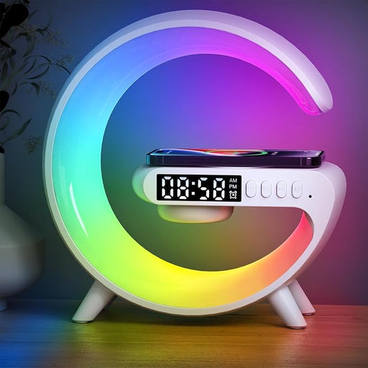 LeeNabao 2025 New Wireless Speaker Charger,Atmosphere Bedside Light with Wireless Charging Station,Music Lit Lamp 4 in 1 Alarm Clock Idea for Family (White)
