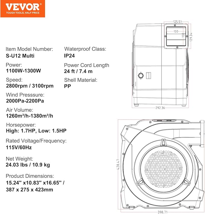 VEVOR Inflatable Blower, Electric Air Blower, Bounce House Blowing Pump, Commercial Corded Fan Pump for Castle Wate Slides Water Slide Bouncy Castle