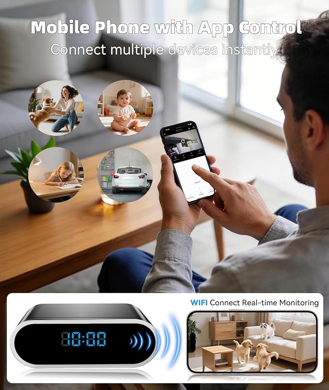 Wireless WiFi Indoor Security Camera with Clock for Home with App Control, Motion Detection, 150° Outdoor Camera with Night Vision & Loop Recording for Office/Shop/Pet/Garage,User-Friendly