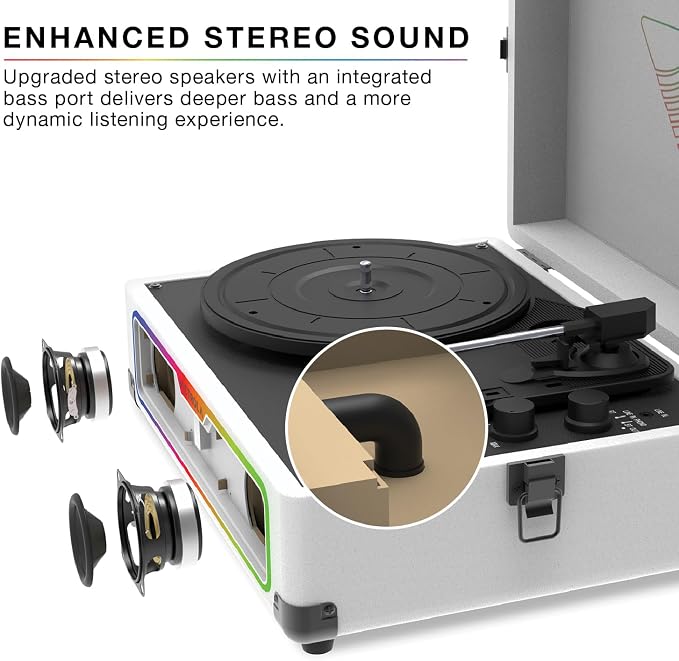 Victrola Journey Glow – Illuminated Suitcase Record Player – 18 RGB Light Effects, Stereo Speakers with Enhanced Bass, Bluetooth Streaming, (Black)
