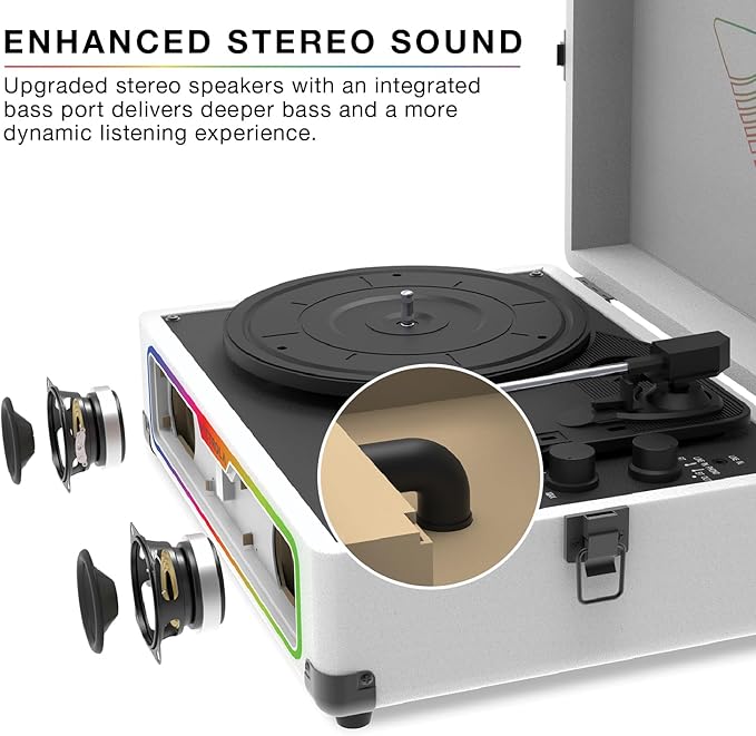 Victrola Journey Glow – Illuminated Suitcase Record Player – 18 RGB Light Effects, Stereo Speakers with Enhanced Bass, Bluetooth Streaming, (White)