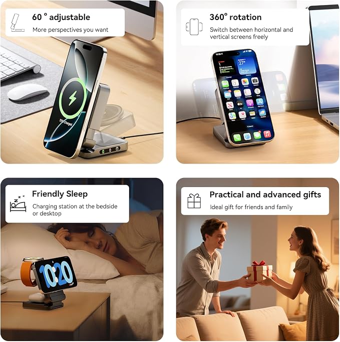 Wireless Charger 3 in 1, Foldable Charging Station for Apple Samsung Multi Devices Charging, Magnetic Charging Stand, Portable Travel Fast 15W Charger Station for iPhone, TWS, iWatch (Dark Gray)