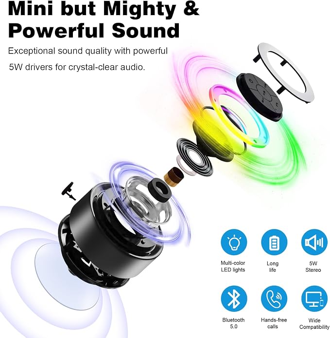 PEDVSTY Shower Speaker Bluetooth Waterproof, Mini Portable Wireless Speaker with LED Lights, Suction Cup, Floating,Crystal Sound, for Bathroom Travel Beach Pool, Ideal Electronic Gifts
