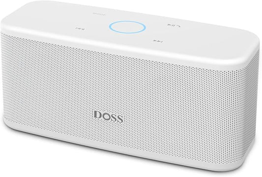 DOSS SoundBox Plus Bluetooth Speaker with Superior Sound, Bluetooth 5.0, Wireless Stereo Pairing, Built-in Mic, 20H Playtime, Portable for Hking, Beach, Camping. Outdoor, Home - White. Upgrade version