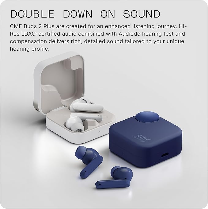 CMF Buds 2 Plus Wireless Earbuds Adaptive Noise Cancelling, Hi-Res Audio Bluetooth Headphones, 12mm Drivers for Deep Bass, 50dB ANC 61.5H Playtime, Sport Ear Buds with 6 Mics, Light Grey