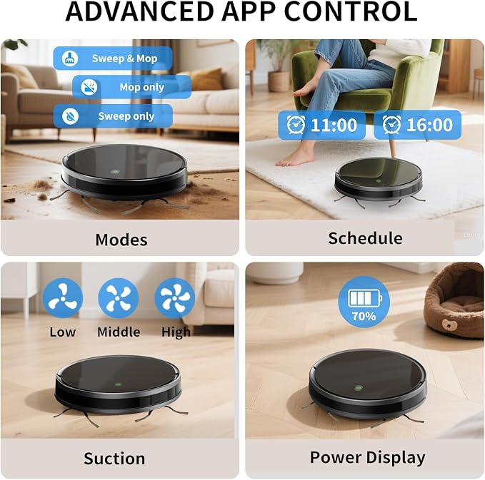 JEBRO 2 in 1 Robot Vacuum and Mop Combo, 3500 Pa Suction, 120 Min Runtime, 2.9" Slim, App/Voice/Remote Control, Self-Charging for Pet Hair, Hard Floor, Carpet