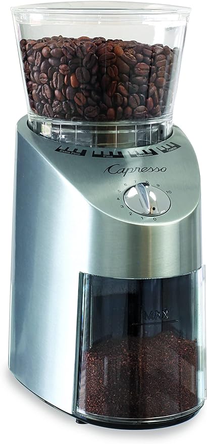 Capresso Infinity Conical Burr Grinder, See-through bean container holds up to 8.8 oz of beans