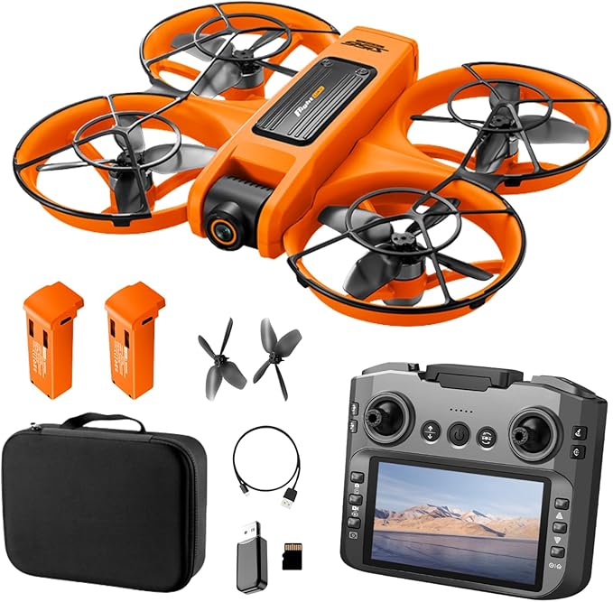 RC Drone with HD Dual Camera for Adults, FPV Drones with HD Screen on Controller, Brushless Motor Optical Flow Positioning Headless Mode Gesture Photo Remote Control Quadcopter, Beginner-Friendly Aerial Photography Drones with 2 Batteries & Night Light...
