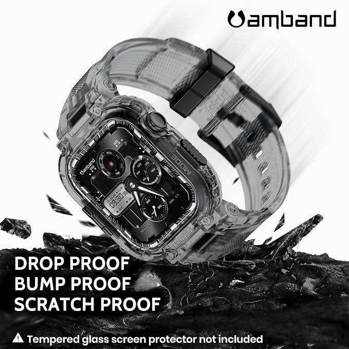 amBand Bands Case Compatible with Apple Watch Series 11/10 46mm, M1 Sport Rugged Heavy Duty Cover Tactical Strap Military Grade Protective Bumper Protector for iWatch 46 mm Men, Crystal Black