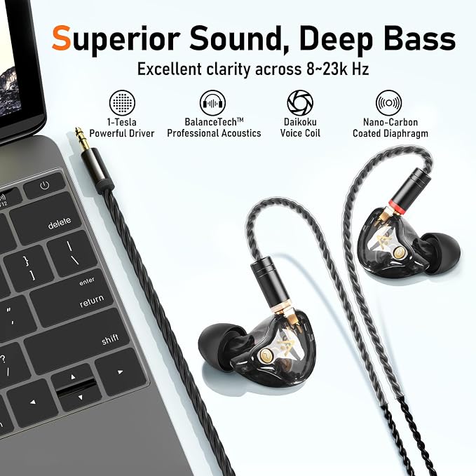 Vibes 202 Wired Earbuds - HiFi in Ear Monitor Headphones – Professional Noise Isolating Ear Buds - Clear Sound, Deep Bass & Comfort-Fit IEM Earphones - MMCX to 3.5mm, Silver Plated Cord, Carrying Case