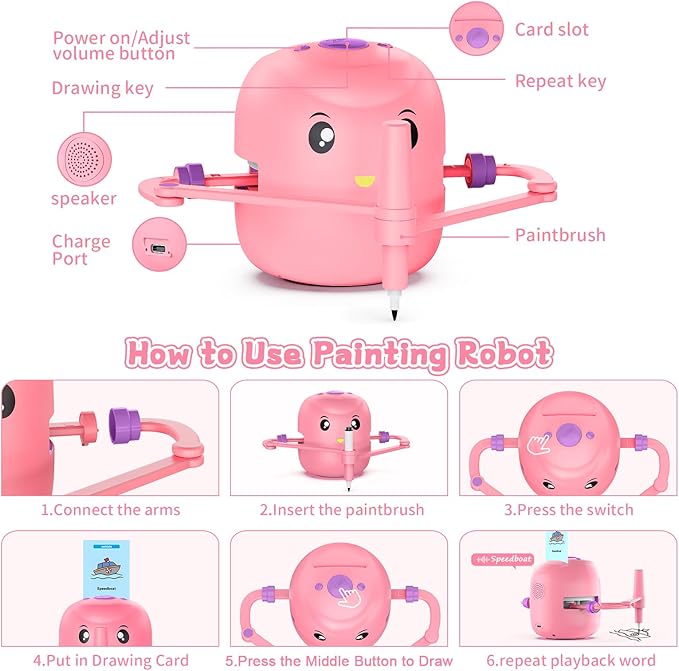 CYJBE Interactive Educational Drawing Robot for Kids - Montessori Learning Toy with 150 Word Cards, Voice Interaction, Ages 5+ (Pink)