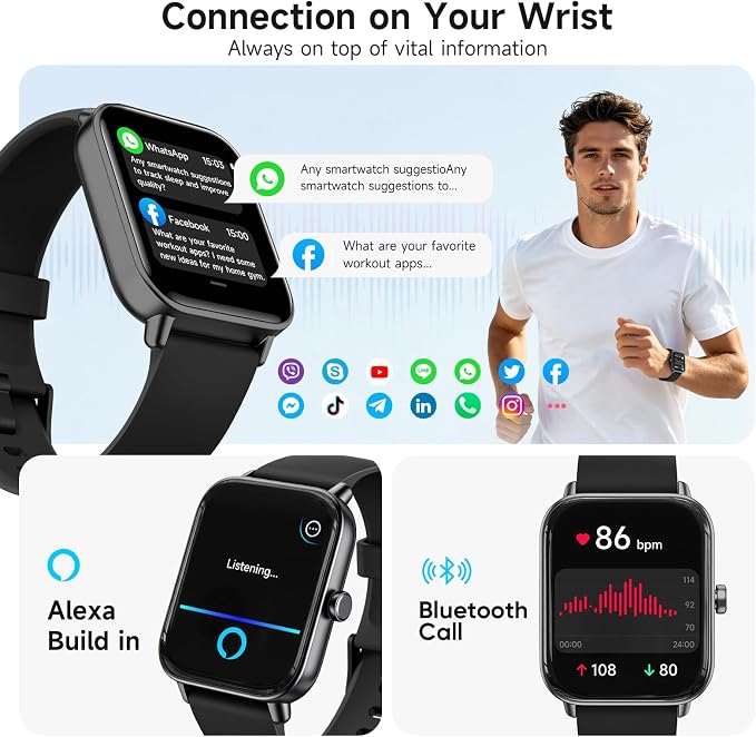 Smart Watch for Men,1.85 inch AMOLED Touchscreen for Android & iPhone Alexa Built-in Bluetooth Calls,Fitness Watch 110+ Sport Modes Heart Rate/Sp02/Sleep/Calories Monitor IP68 Waterproof(Black, 1.85)