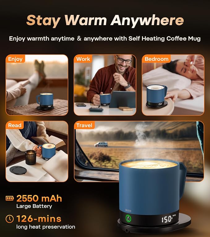 Heated Coffee Mug 14oz, Rechargeable Temperature Control Mug with Lid