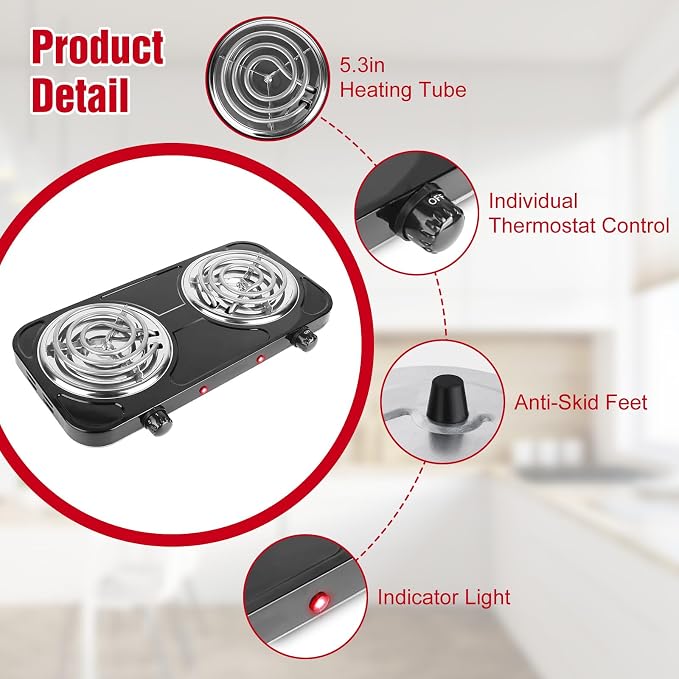 2000W Electric Hot Plate,Portable Electric Stove Countertop Double Coil Burners W/Dual Control&5 Level Temperature Control, Easy to Clean,Lightweight Cast Iron Countertop Stove for Home Camp RV 110V