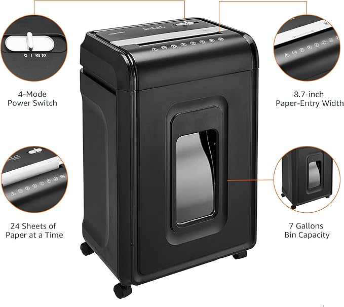 Amazon Basics 24-Sheet Cross Cut High Security Paper Shredder for Home Use, P-4 Security, CD and Credit Card Document Shredder with Pullout Basket, Black