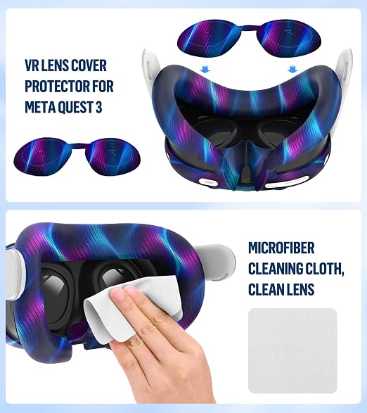 Silicone Cover Set Compatible with Oculus/Meta Quest 3, Touch Controller Grips Cover, VR Shell Cover, Facial Interface Cover, Protective Lens Cover, Tempered Glass Lens Caps (Aurora Blue)