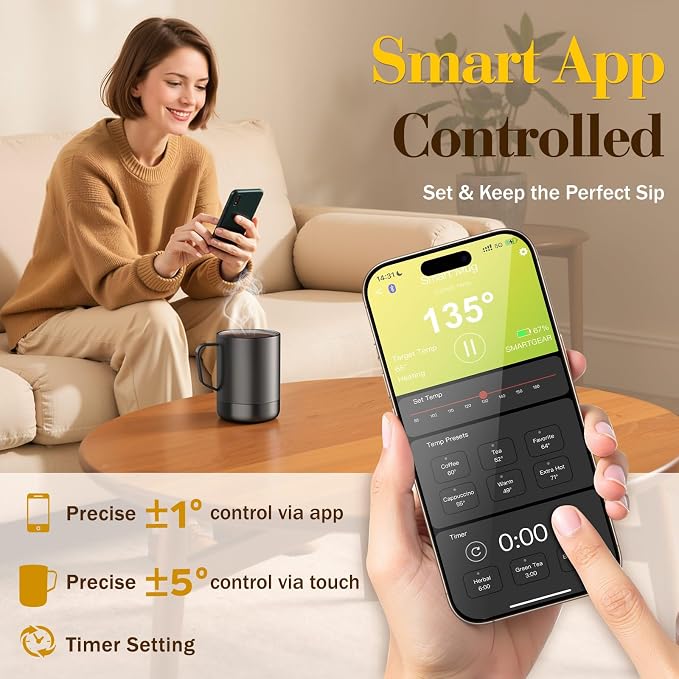 14oz Smart Coffee Mug Warmer - Self-Heating Mug with App Control, 160℉ Temperature Control, 150-Min Battery, Rechargeable Heated Mug Warmer for Home Office, Ideal Gifts for Dad Mom