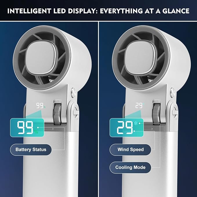 Portable Handheld Fan with Cooling Plate, 199-Speed Turbo Fan, 6000mAh Rechargeable Personal Fan, Foldable Mini Fan with LED Display for Travel, Camping, Concerts and Outdoor