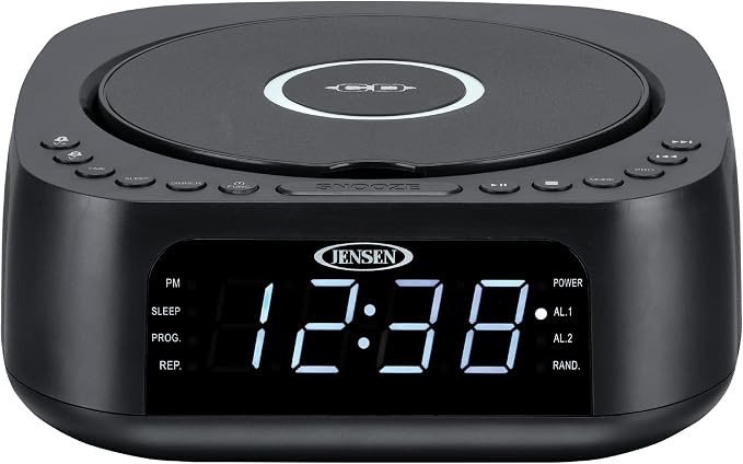 Jensen JCR-375 Stereo Digital Dual-Alarm Clock with Top-Loading CD Player, FM Tuner, USB Charging Port, and Battery Backup