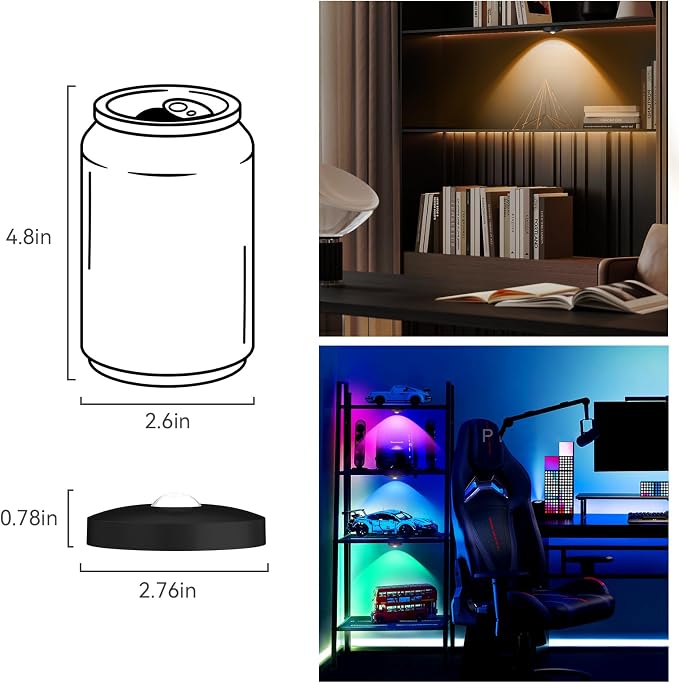 Rechargeable Puck Lights with Remote, 3 Pack Magnetic Under Cabinet Lighting, 1500mAh Battery Operated LED Tap Lights with Dimmer & Timmer for Kitchen, Closet, Shelf - 3 Color Temps & 12 RGB, Black