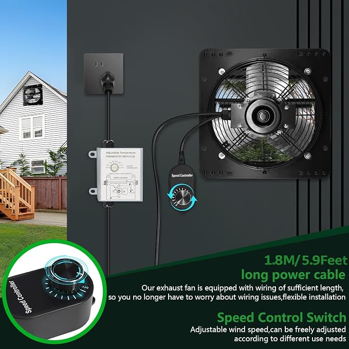 Shutter Exhaust Fan with Thermostat & Speed Control, 576 CFM,1700RPM, Upgrade 7 inch Wall Mount Attic Vent Fan for Chicken Coops, Greenhouse, Barn, Garage, Shed Ventilator