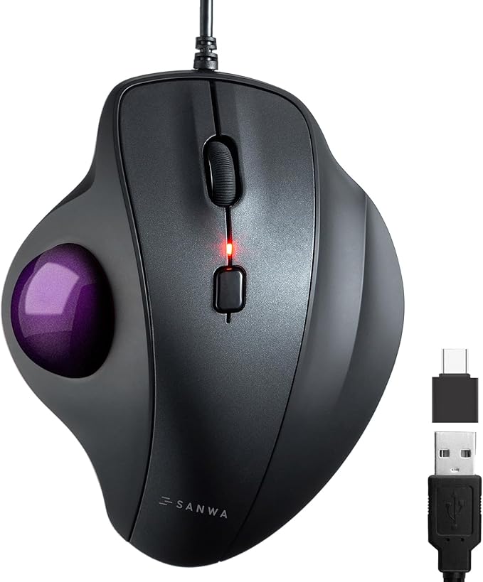 SANWA Wired Trackball Mouse, Silent & Programmable Buttons, Ergonomic Roller Ball to Reduce Wrist Strain, Thumb Control, USB-C & USB-A Port, 600-1600 DPI, Compatible with Win, Mac, PC, Laptop, Purple