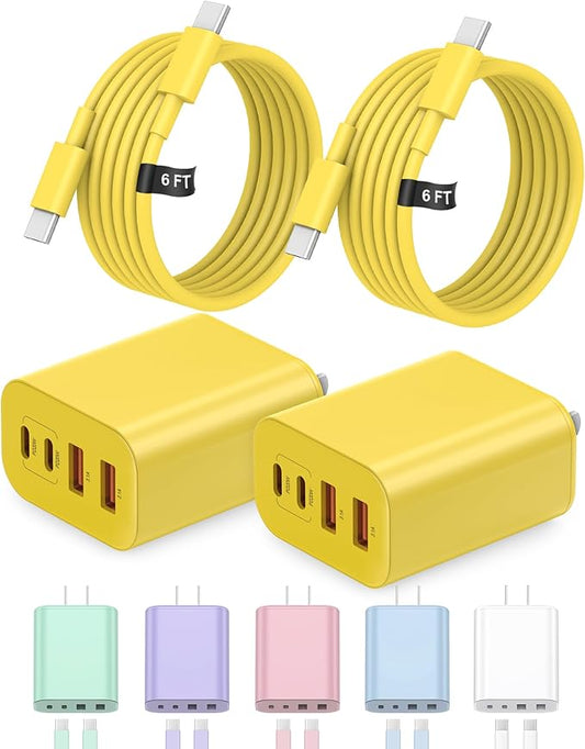 40W USB C Charger Block, iPhone 17 16 15 Charger Fast Charging,2-Pack 4-Port Fast Charging Block with 6FT Type C Cable Multiport Power Block for iPhone Air/iPhone17/16/15 Pro Max/iPad/Samsung(Yellow)