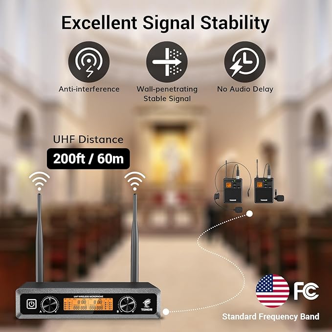 TONOR UHF Wireless Microphones System with Headset/Lavalier Lapel Mics, Bodypack Transmitter, Receiver, 2 * 15 Channels, 60 m/200ft Range for Live Singing Karaoke Church Party DJ, 2 Bodypack Mics