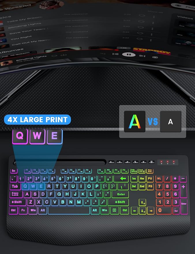 SABLUTE Wireless Keyboard and Mouse Combo, 9 Backlit Effects, Large Print, Wrist Rest, Phone Holder, 2.4G Lag-Free Ergonomic Keyboards, KM22 MAX Rechargeable Easy to See Set for Computer, Laptop, PC