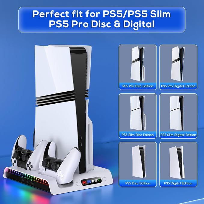 FASTSNAIL Charging Stand with Cooling Fan for PS5 Original/Slim/Pro, Dual Controller Charger Station with 9 RGB Lights, Headset Hook, 3 Cooler Fans and LED, Accessories Kit for PS5/Slim/Pro Console