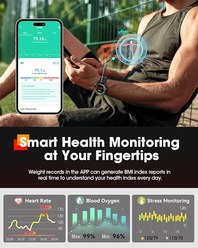 Smart Watches for Men(Waterproof/Call/Answer),Military Smart Watch with Heart Rate/Oxygen/Pressure/Sleep Monitor/124 Sports Modes, Fitness Tracker Tactical Watch for Android Phones/iPhone Black