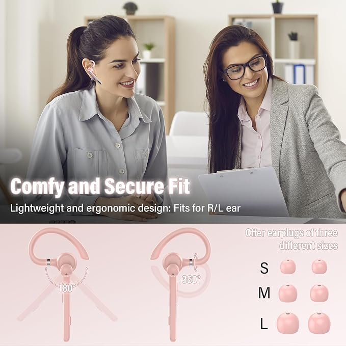 2026 Bluetooth Headset, Wireless Bluetooth 5.3 Earpiece, 90Hrs Single-Ear Headset with APTX HD Audio & Mute Button, Dual Noise Cancelling Mics, Hands Free Headphone for Trucker, Business, Gym, Pink