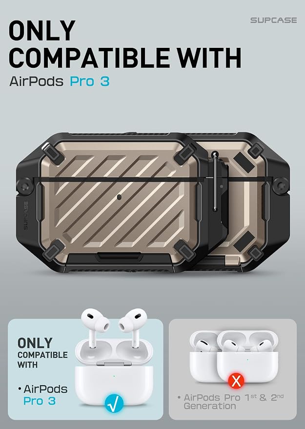 SUPCASE for AirPods Pro 3 Case with Lock & Carabiner, IP68 Waterproof, Compatible with MagSafe, Military-Grade Protection Anti-Scratch Hard Shell Cover for AirPods Pro 3rd Generation 2025, Desert