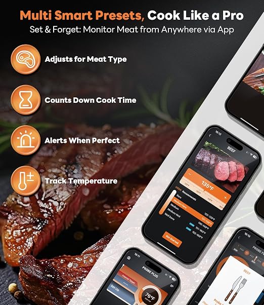 Beelicious Pro Wireless Meat Thermometer–Stable Bluetooth Smart Probe with ±1.8℉ Accuracy, 0.5s Fast Response & Long-Lasting Battery, IP67 Waterproof, App Controlled for Grill, Oven, Air Fryer